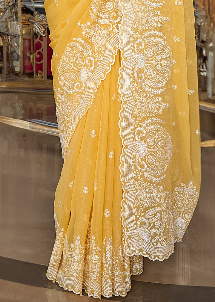 Cadium Yellow Fancy Tissue Saree With Unique Work And Designer Blouse