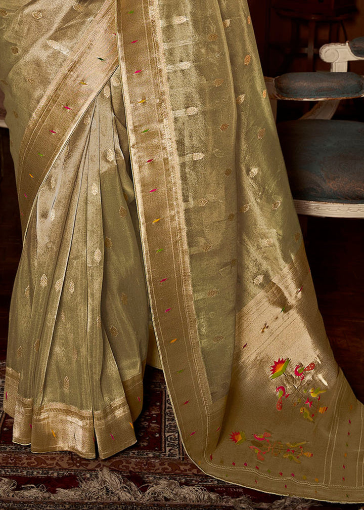 Basil Green Pure Tissue Paithani Silk Saree with Heavy Designer Embroidered Blouse