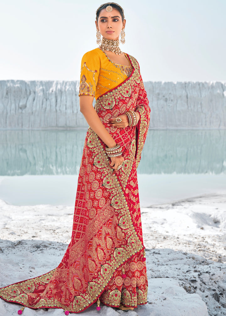 Hot Red Pure Georgette Bandhani Patola With Zari Weaving Heavy Work Saree