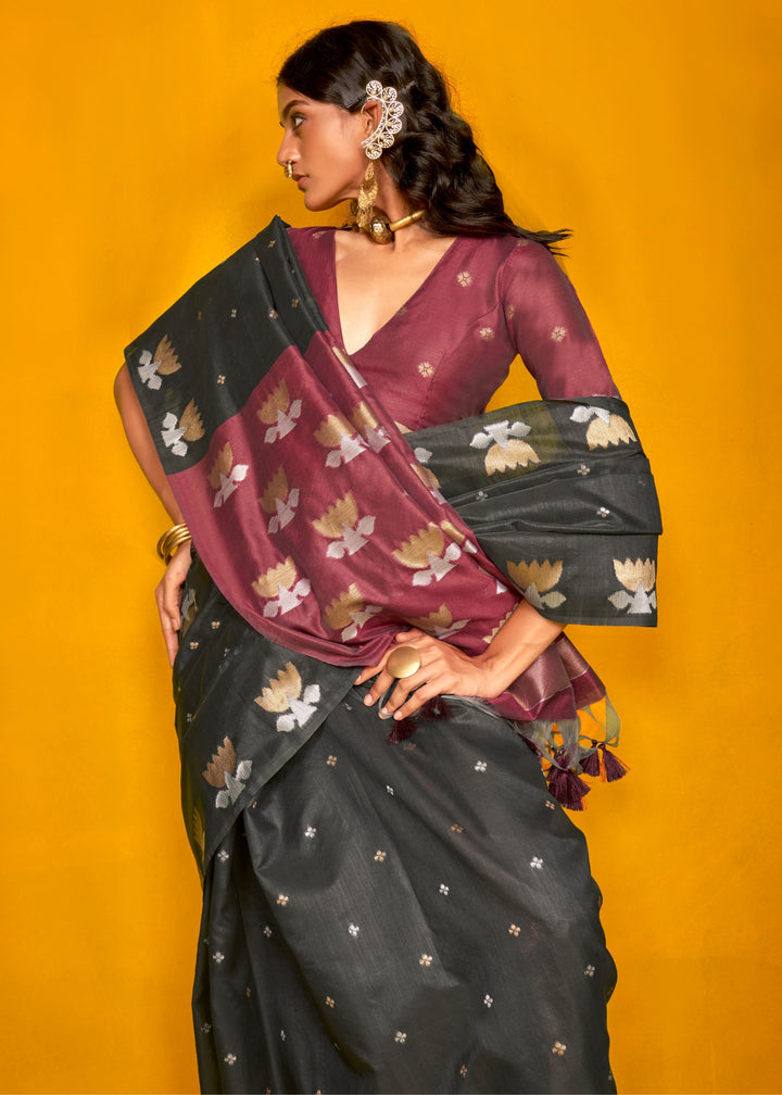 Black Tussar Handloom Weaving Silk Saree