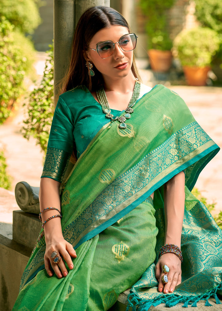 Dark Pastel Green Soft Tissue Silk Saree With Contrast Border