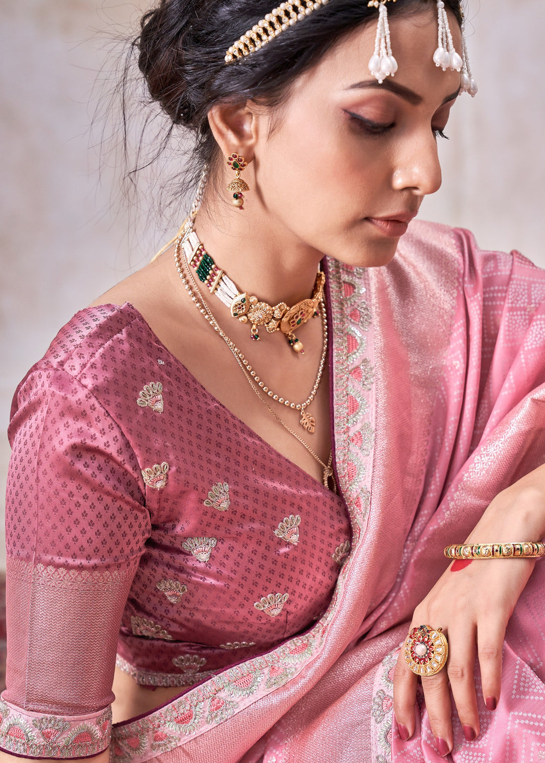 Blush Pink Satin Silk Saree With Heavy Embroidery Lace & Blouse