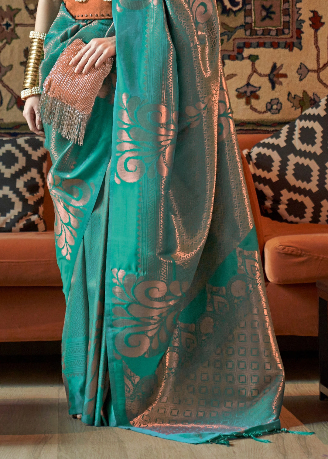 Turquoise Copper Zari Handloom Weaving Saree