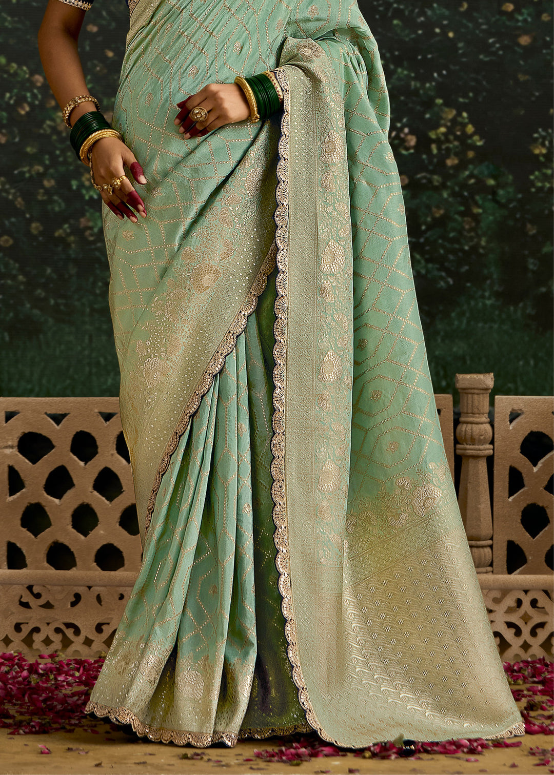 Pastel green and Navy blue Viscose silk Saree with Zari work