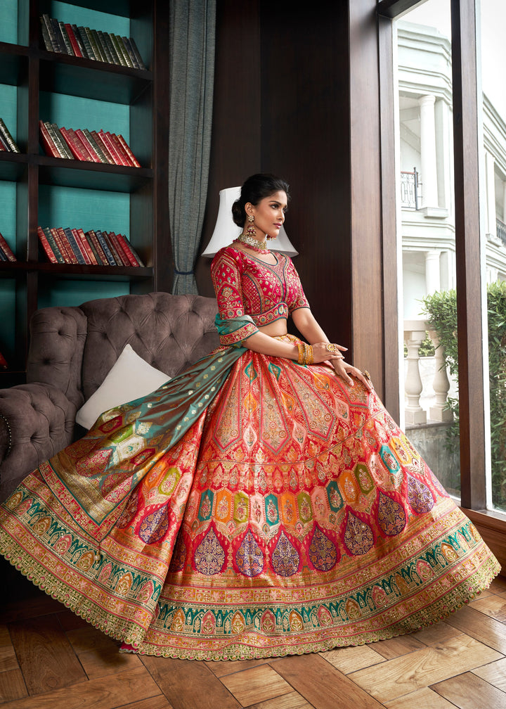 Jade Green & Pink Banarasi Silk Lehenga with Zarkan Codding work