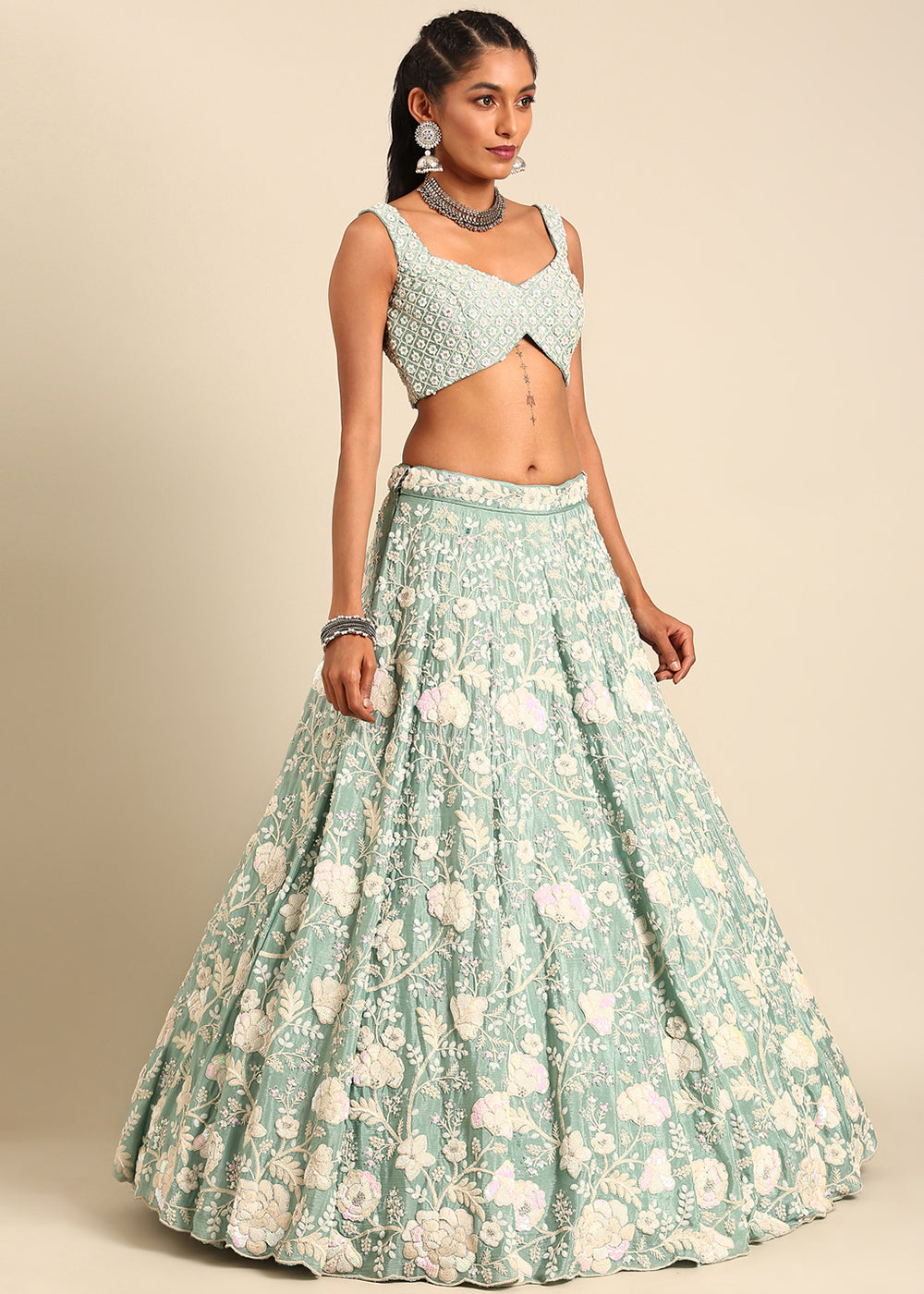 Emerald Green Georgette lehenga Choli with Sequins & Zarkan Embroidery