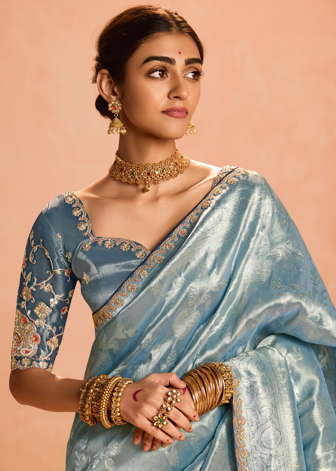 Pacific Blue Zari Tissue Silk Saree With Weaving Work And Heavy Embroidery Lace