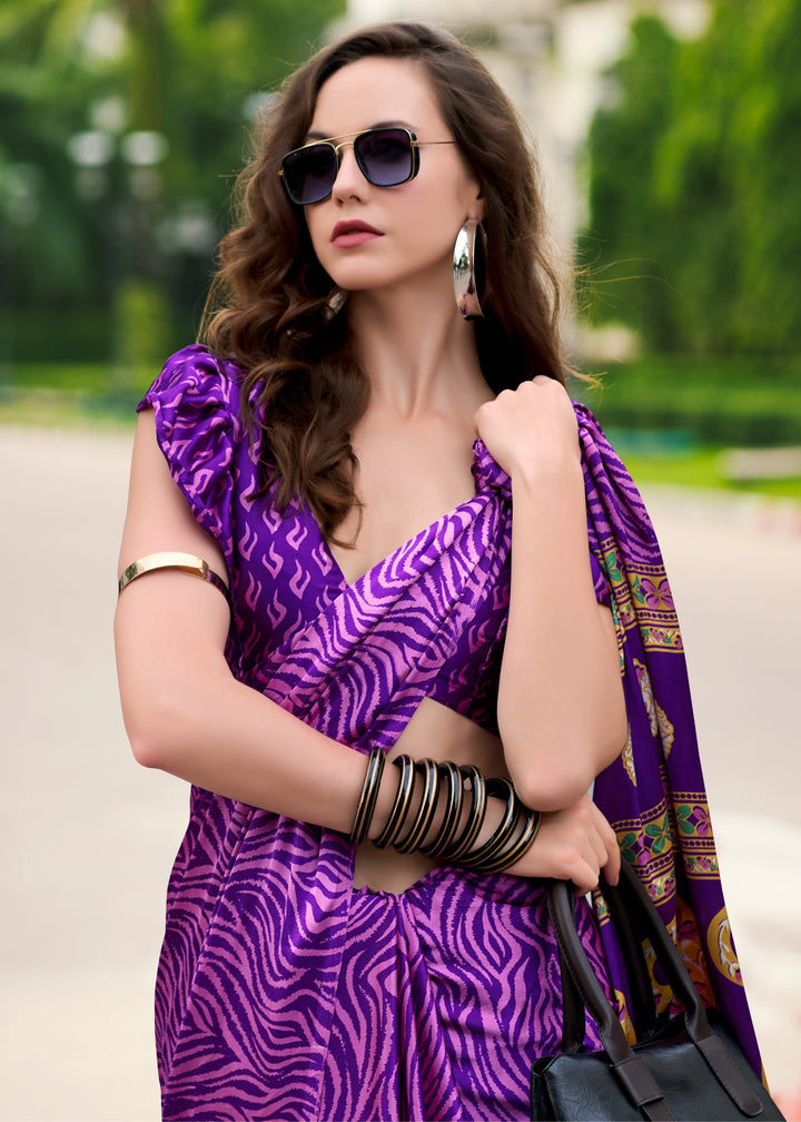 Violet Purple Printed Satin Silk Saree