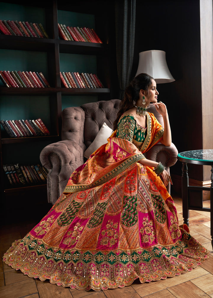 Green & Yellow Banarasi Silk Lehenga with Zarkan Codding work