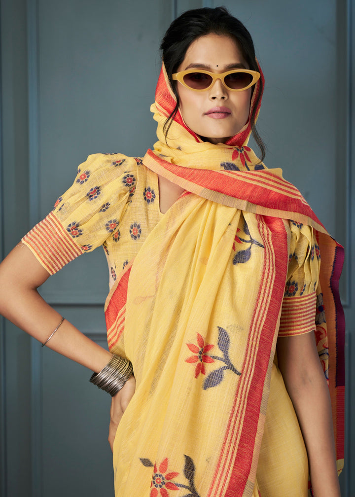 Bright Yellow Handloom Linen Silk Saree with Beautiful Weaving