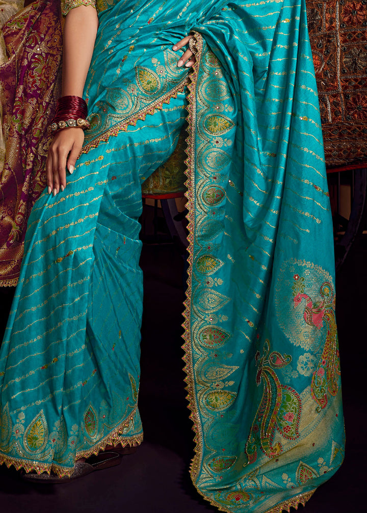 Cyan Blue Pure Viscose Dola Silk Saree With Handwork On Blouse And Pallu