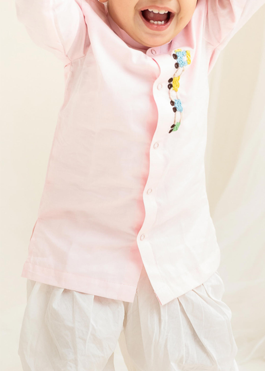 Organic Cotton Embroidered Light Pink Kurta paired with Pajama Pants - Train