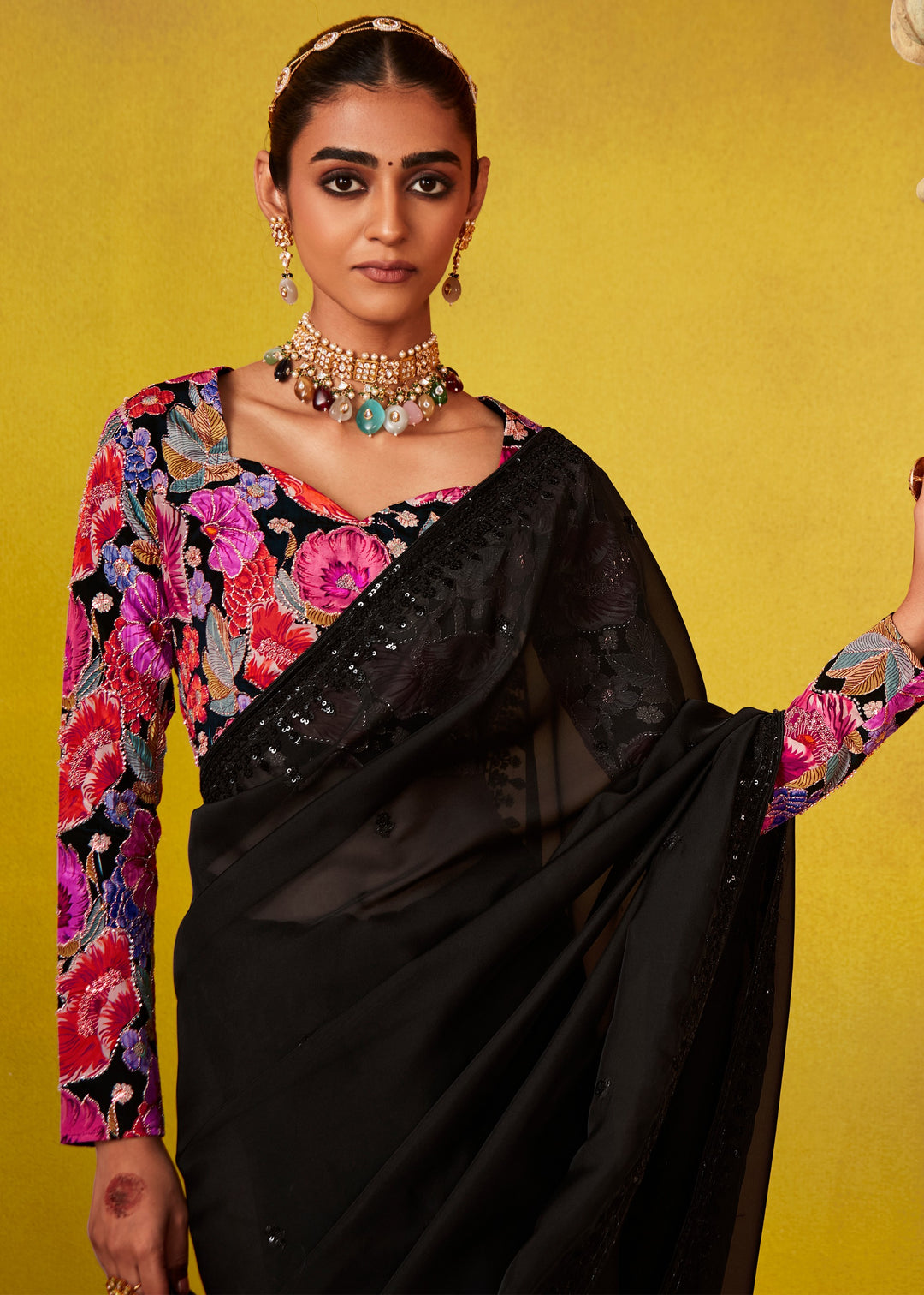 Ink Black Glass Tissue Silk Saree With Sequins And Thread Embroidered Work