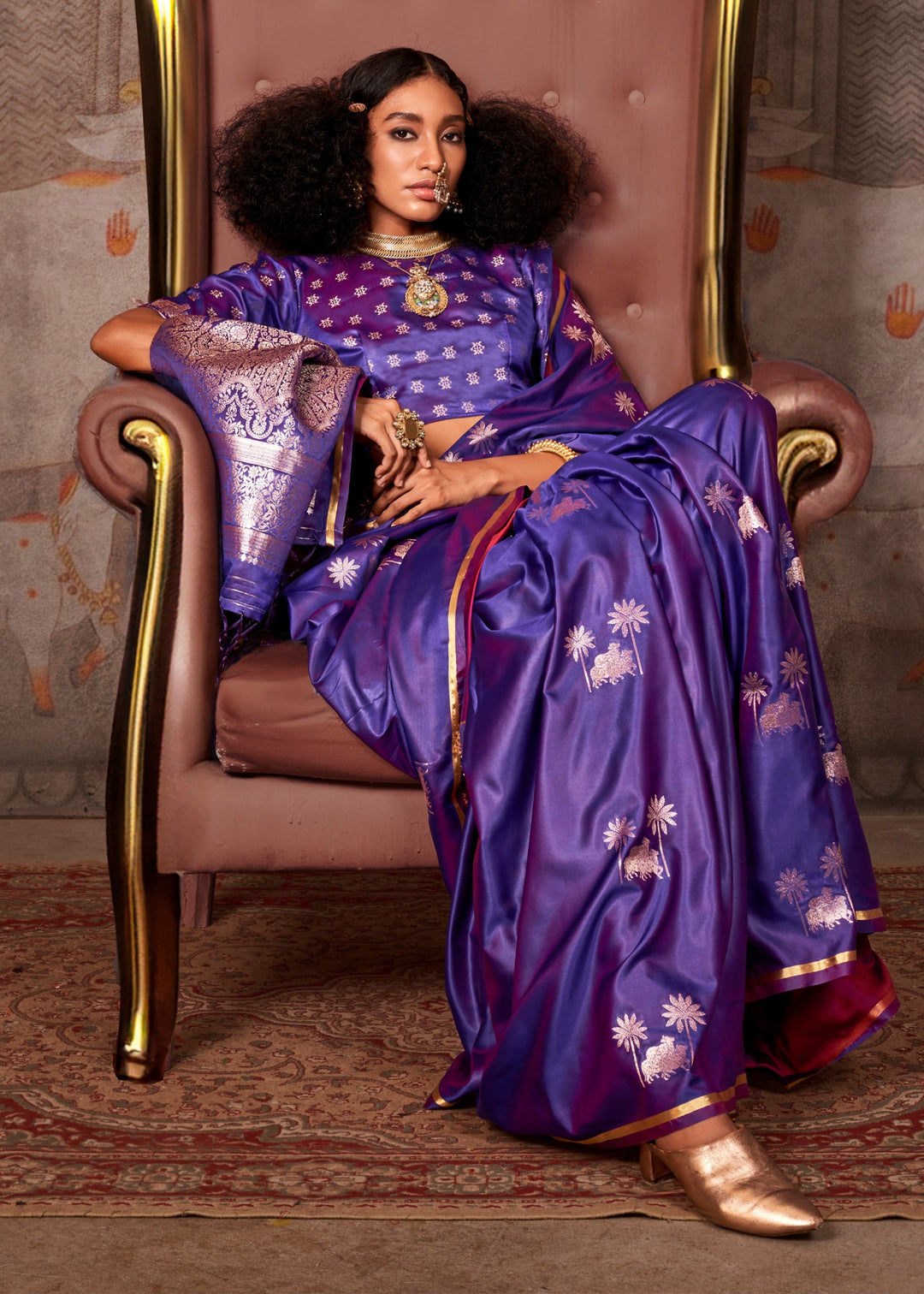 Purple Pure Satin Handloom Weaving Silk Saree