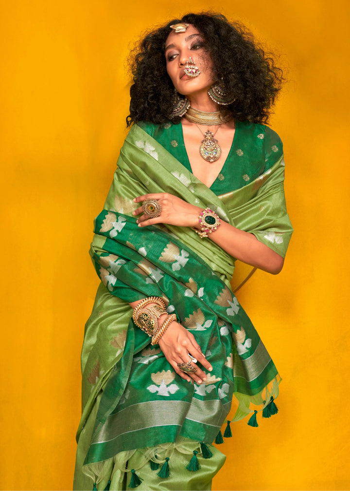 Green Tussar Handloom Weaving Silk Saree