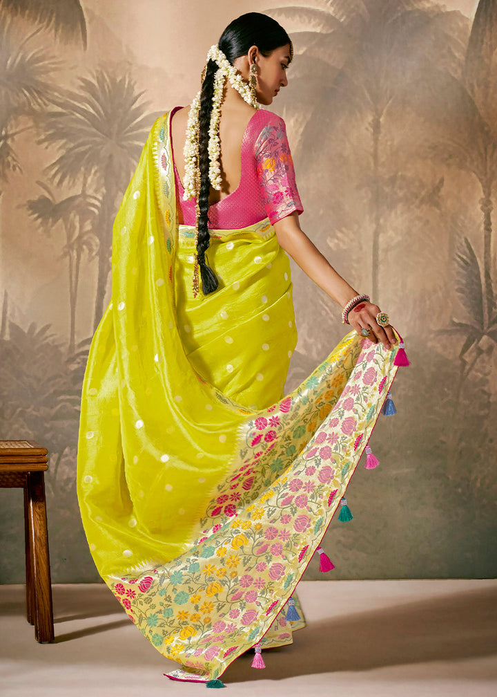 Lemon Yellow Munga Silk Saree with Zari work & Woven with Resham in Floral Motifs