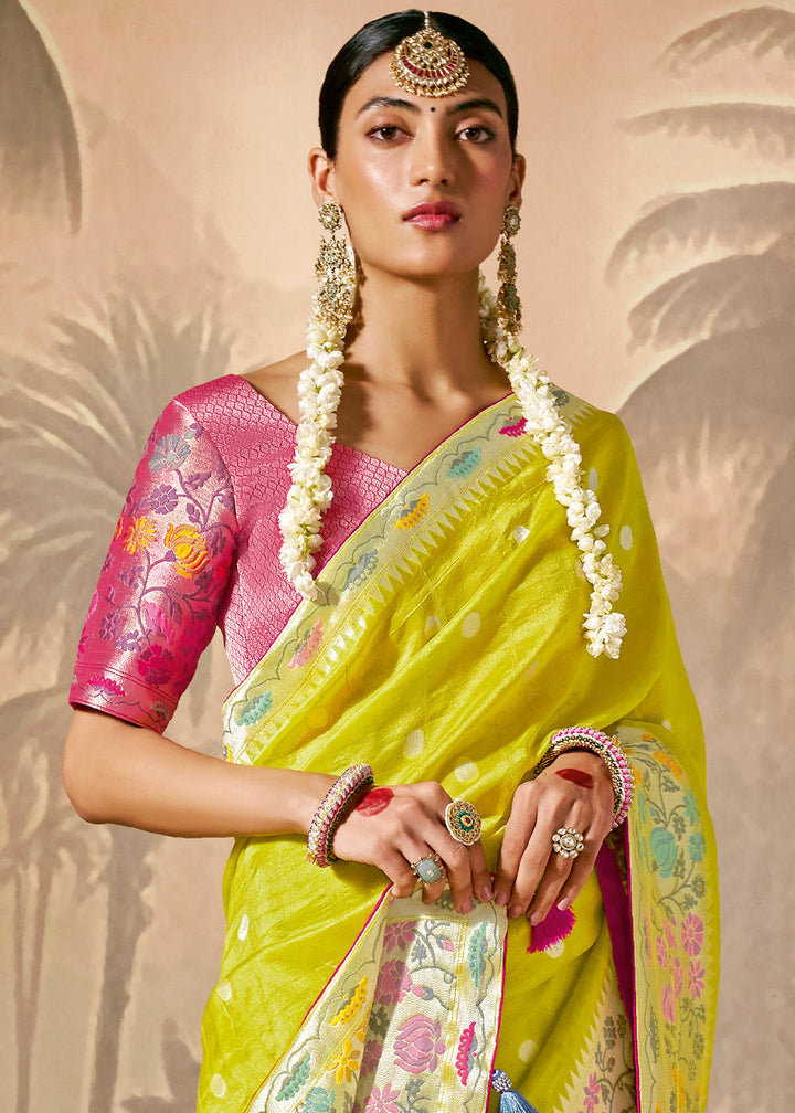 Lemon Yellow Munga Silk Saree with Zari work & Woven with Resham in Floral Motifs