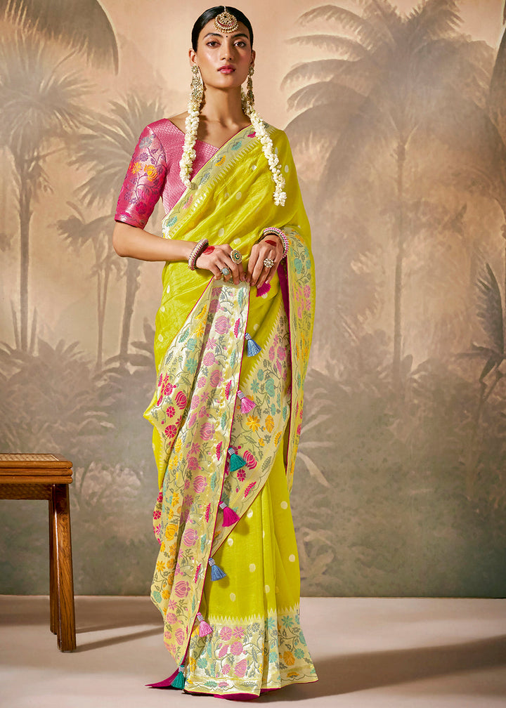 Lemon Yellow Munga Silk Saree with Zari work & Woven with Resham in Floral Motifs