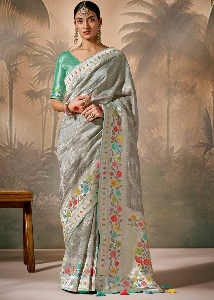 Rhino Grey Munga Silk Saree with Zari work & Woven with Resham in Floral Motifs