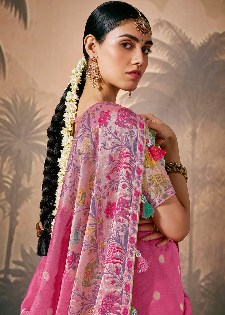 Fuscia Pink Munga Silk Saree with Zari work & Woven with Resham in Floral Motifs