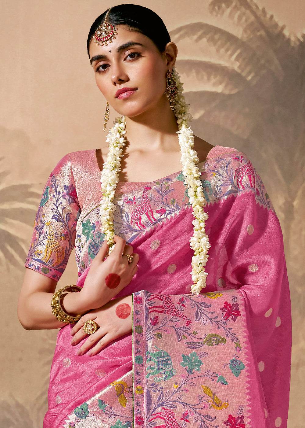 Fuscia Pink Munga Silk Saree with Zari work & Woven with Resham in Floral Motifs