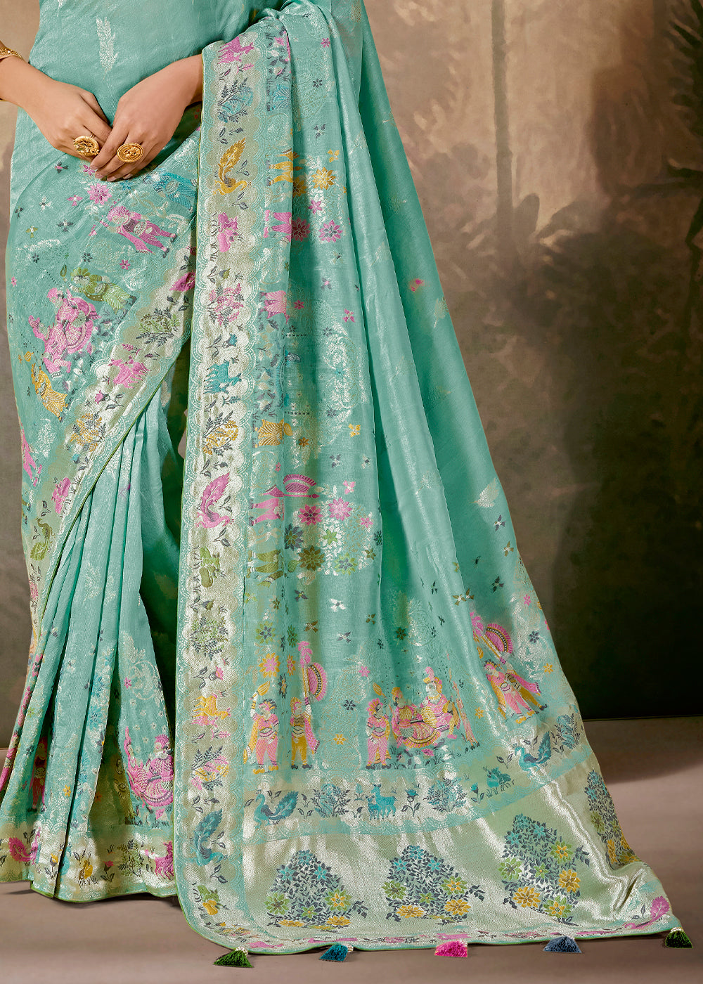 Middle Blue Munga Silk Saree with Zari work & Woven with Resham in Floral Motifs