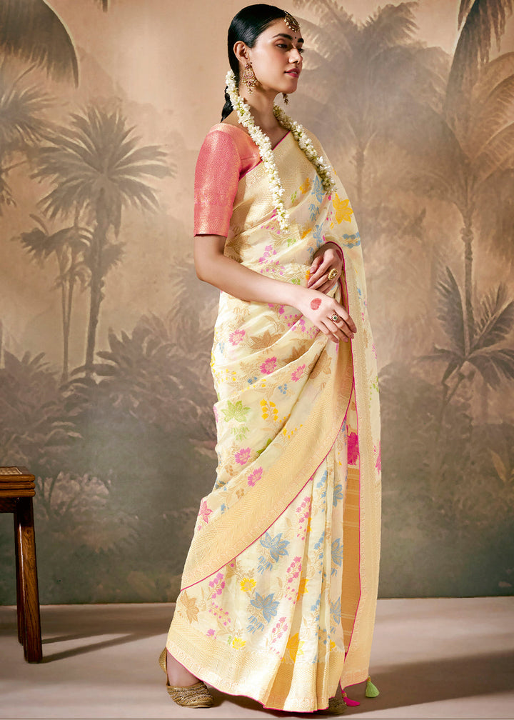 Cream White Munga Silk Saree with Zari work & Woven with Resham in Floral Motifs