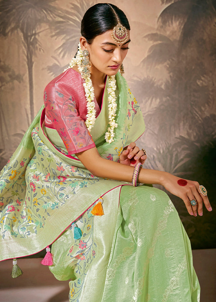 Pastel Green Munga Silk Saree with Zari work & Woven with Resham in Floral Motifs