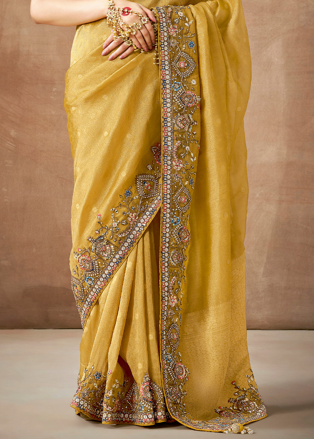 Mustard Yellow Zari Woven Tissue Dola Silk Saree having Sequence, Pearl, Mirror & Thread Work: Festival Edition