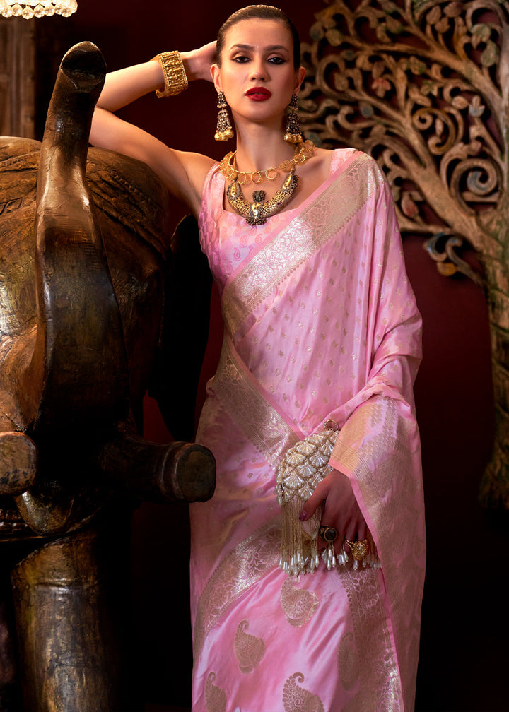 Baby Pink Handloom Woven Satin Silk Saree