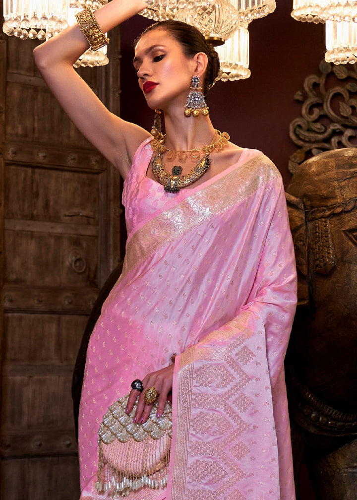 Baby Pink Handloom Woven Satin Silk Saree