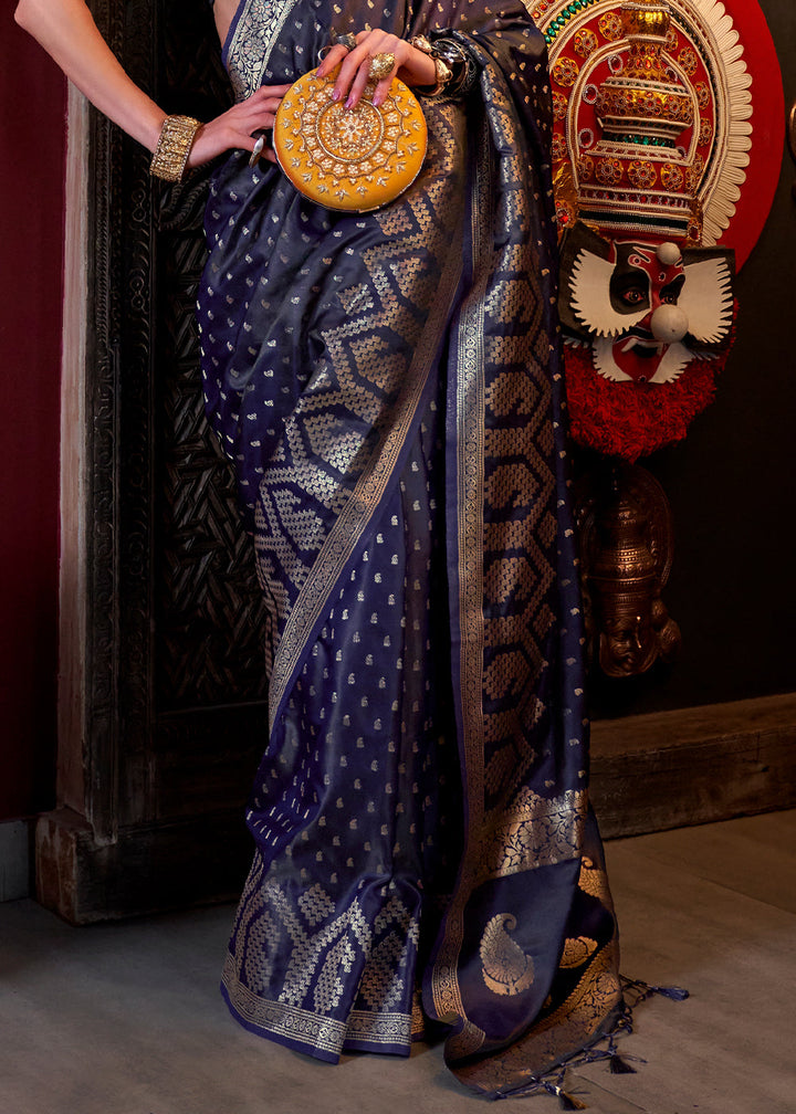 Denim Blue Handloom Woven Satin Silk Saree