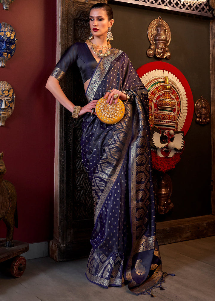 Denim Blue Handloom Woven Satin Silk Saree