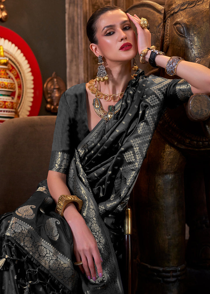 Midnight Black Handloom Woven Satin Silk Saree