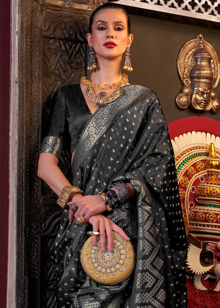 Midnight Black Handloom Woven Satin Silk Saree