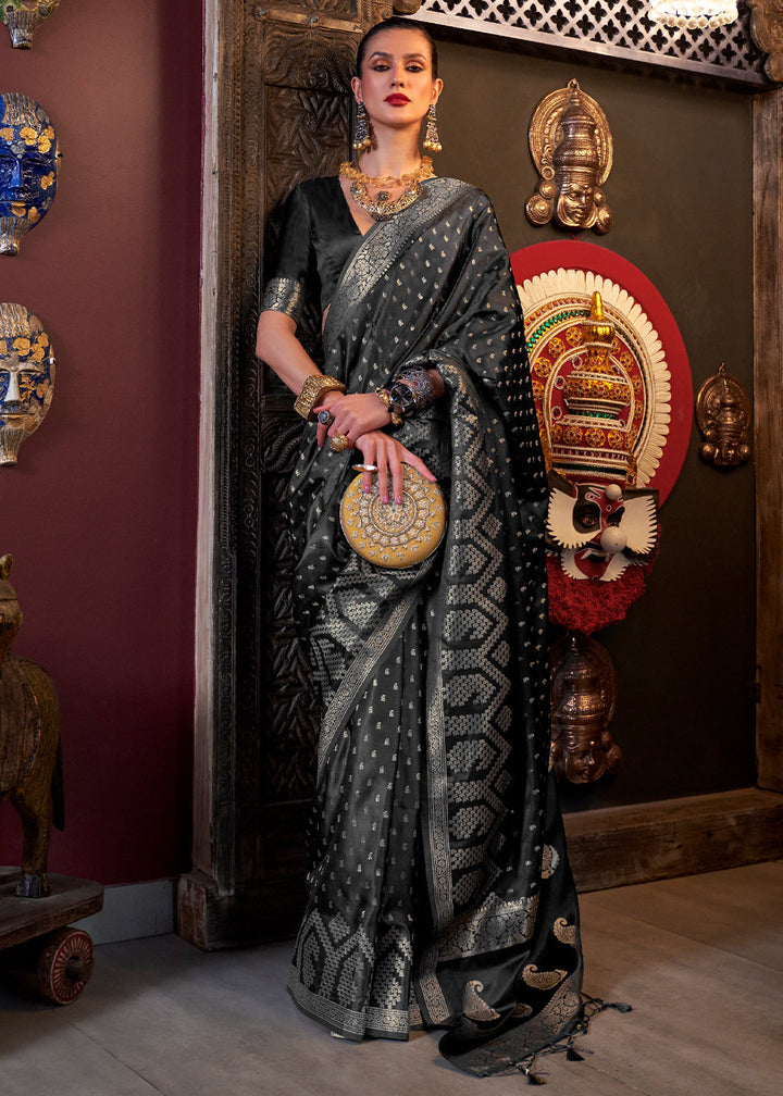 Midnight Black Handloom Woven Satin Silk Saree