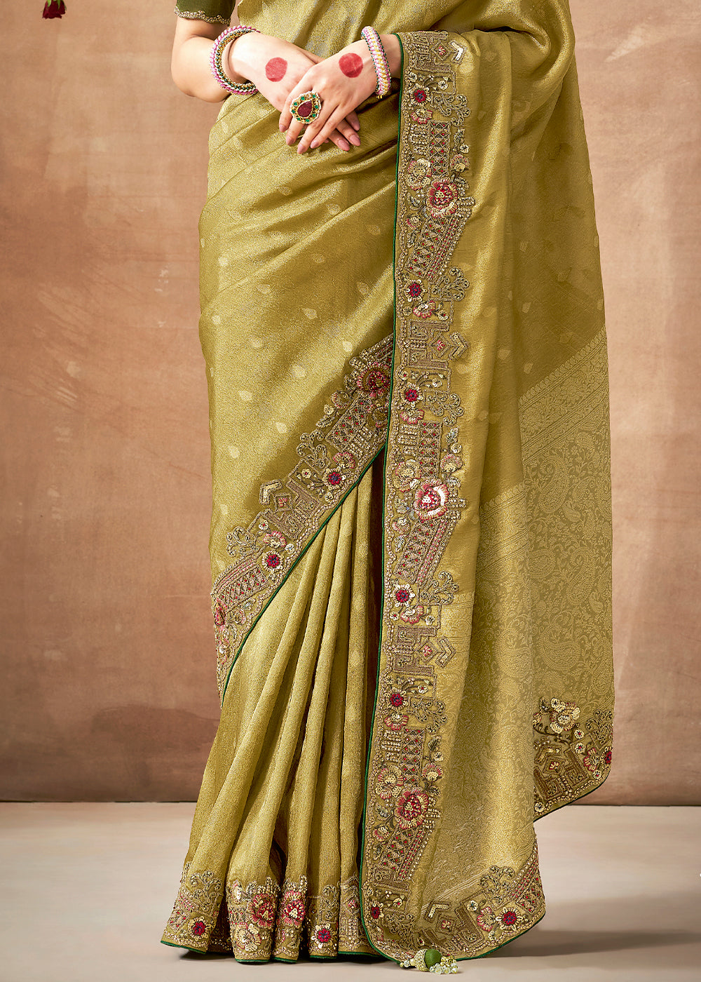 Olive Green Zari Woven Tissue Dola Silk Saree having Sequence, Pearl, Mirror & Thread Work: Festival Edition