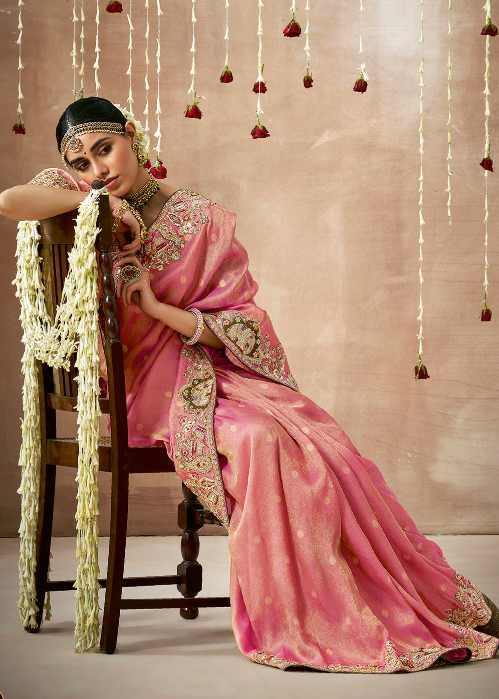 Shades Of Orange and Pink Zari Woven Tissue Dola Silk Saree having Sequence, Pearl, Mirror & Thread Work: Festival Edition