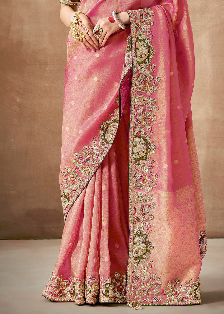 Shades Of Orange and Pink Zari Woven Tissue Dola Silk Saree having Sequence, Pearl, Mirror & Thread Work: Festival Edition