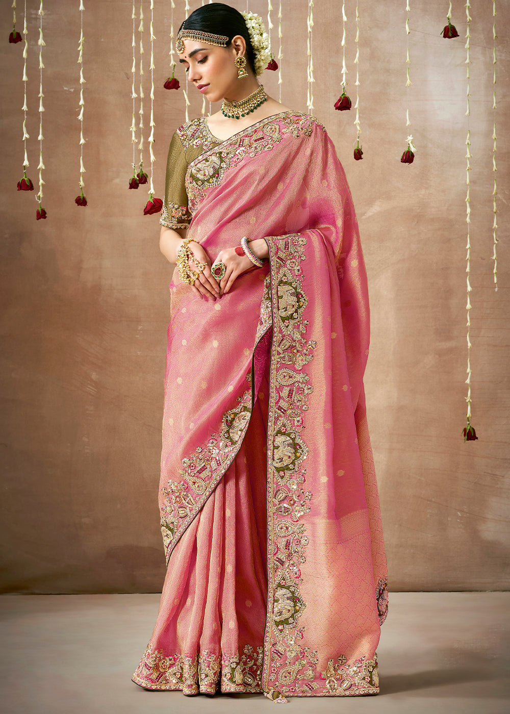 Shades Of Orange and Pink Zari Woven Tissue Dola Silk Saree having Sequence, Pearl, Mirror & Thread Work: Festival Edition