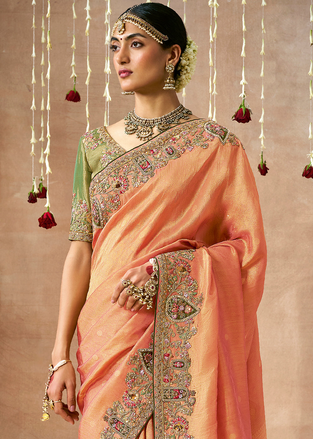 Shades Of Orange Zari Woven Tissue Dola Silk Saree having Sequence, Pearl, Mirror & Thread Work: Festival Edition