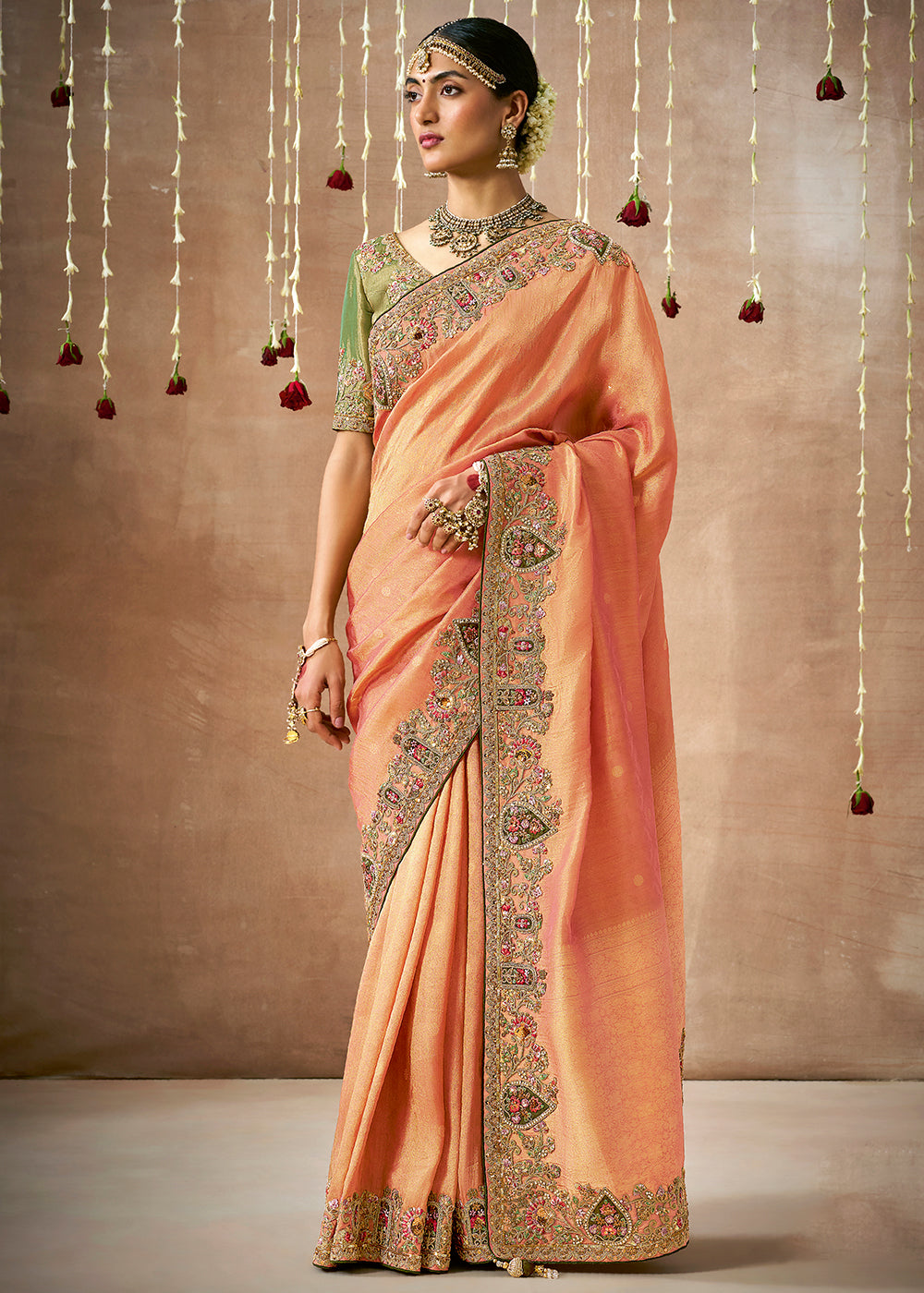 Shades Of Orange Zari Woven Tissue Dola Silk Saree having Sequence, Pearl, Mirror & Thread Work: Festival Edition