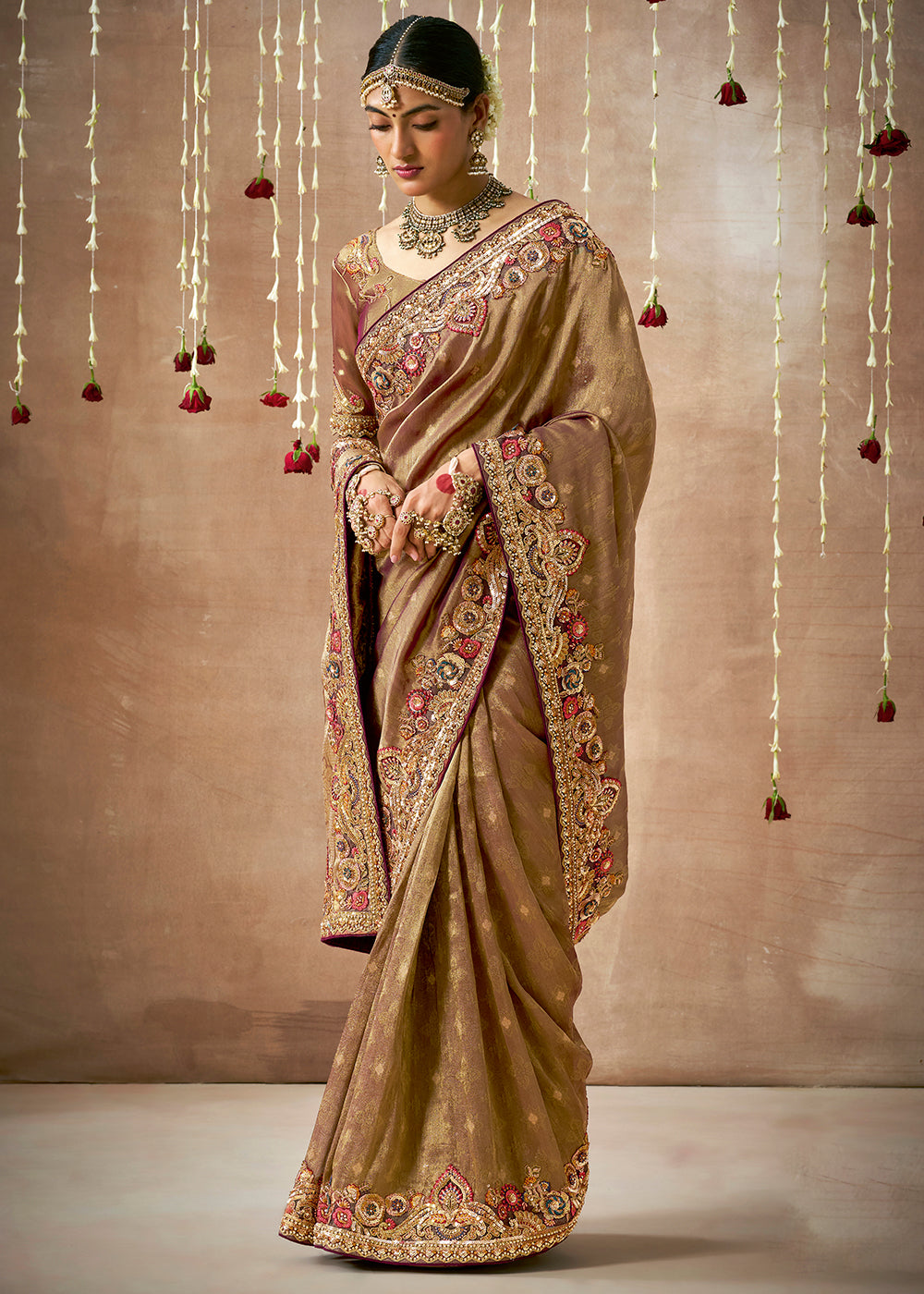 Dolce Brown Zari Woven Tissue Dola Silk Saree having Sequence, Pearl, Mirror & Thread Work: Festival Edition