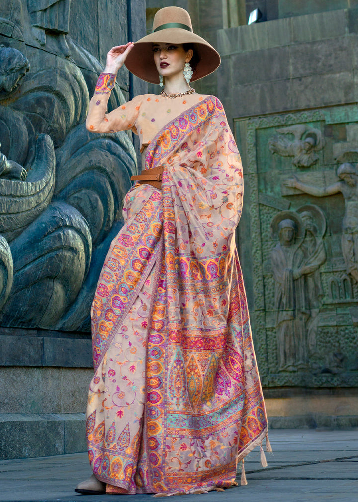 White & Pink Blended Jamawar Woven Organza Silk Saree