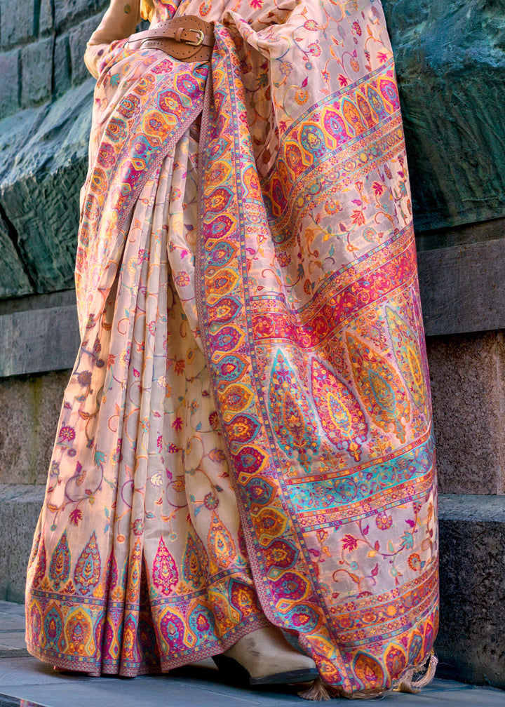 White & Pink Blended Jamawar Woven Organza Silk Saree