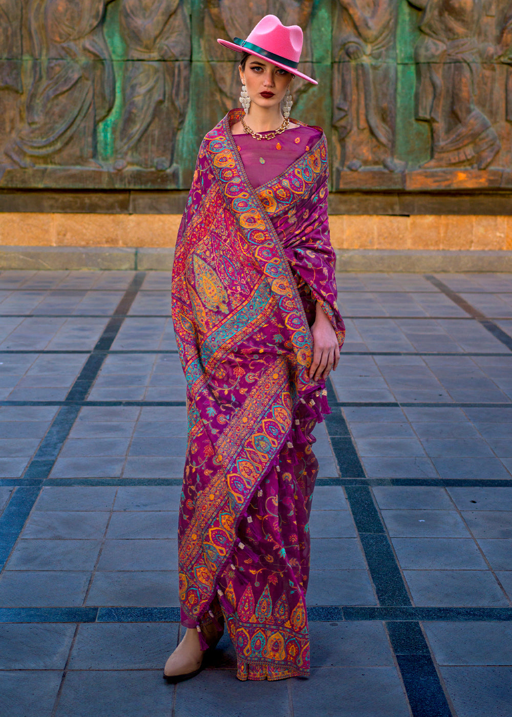 Dark Purple Jamawar Woven Organza Silk Saree