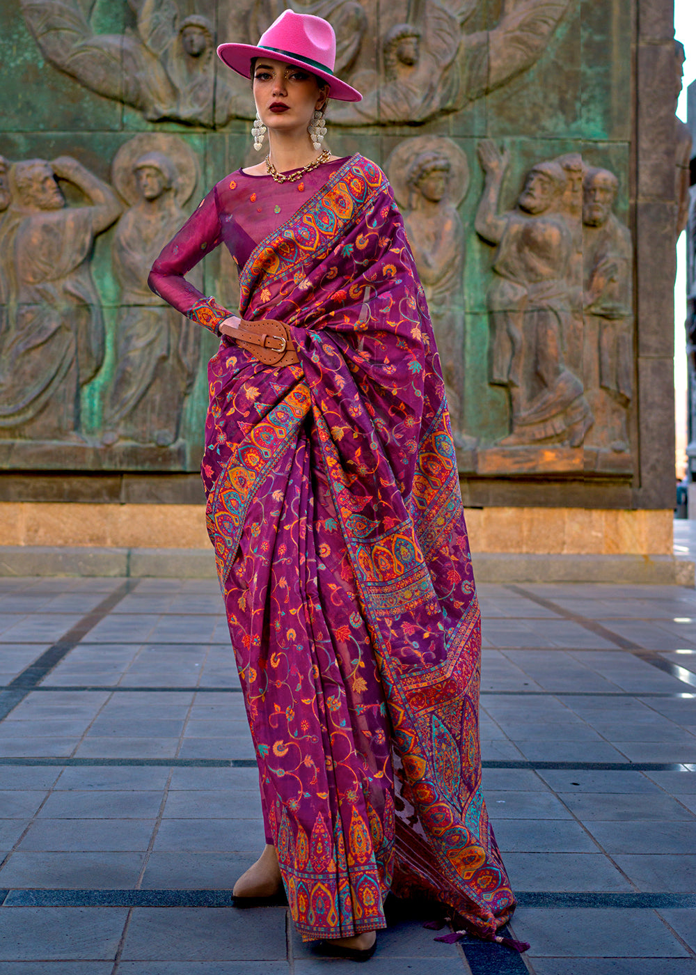 Dark Purple Jamawar Woven Organza Silk Saree