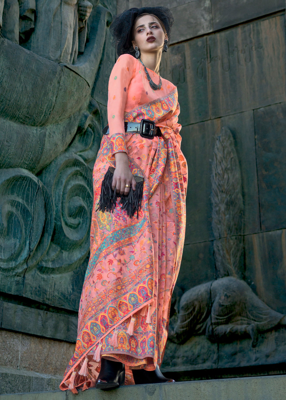 Light Peach Pink Jamawar Woven Organza Silk Saree