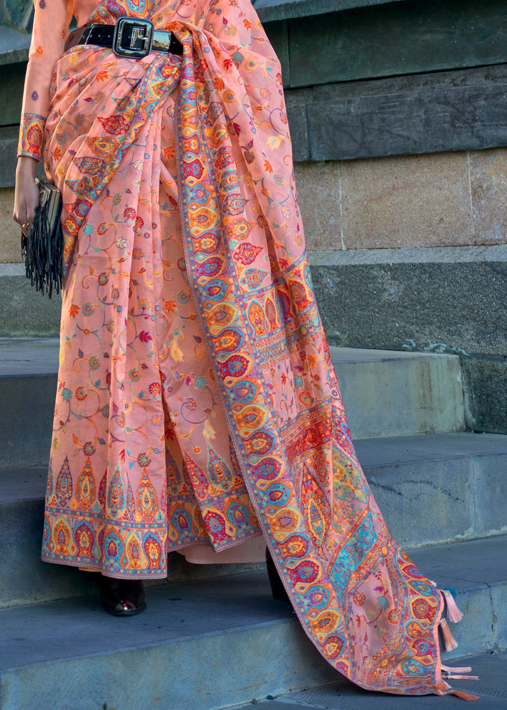 Light Peach Pink Jamawar Woven Organza Silk Saree