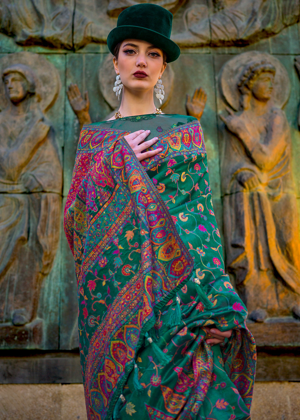 Myrtle Green Jamawar Woven Organza Silk Saree